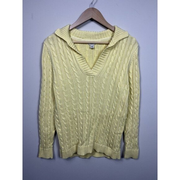 L.L. Bean Sweaters - LL BEAN Womens Sweater Medium Yellow Cable Knit Collared Long Sleeve
